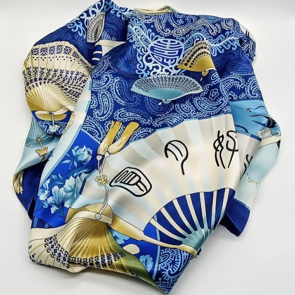 Sheng Ran Blue Asian Butterfly Fan Motif Square Silk Scarf Wrap